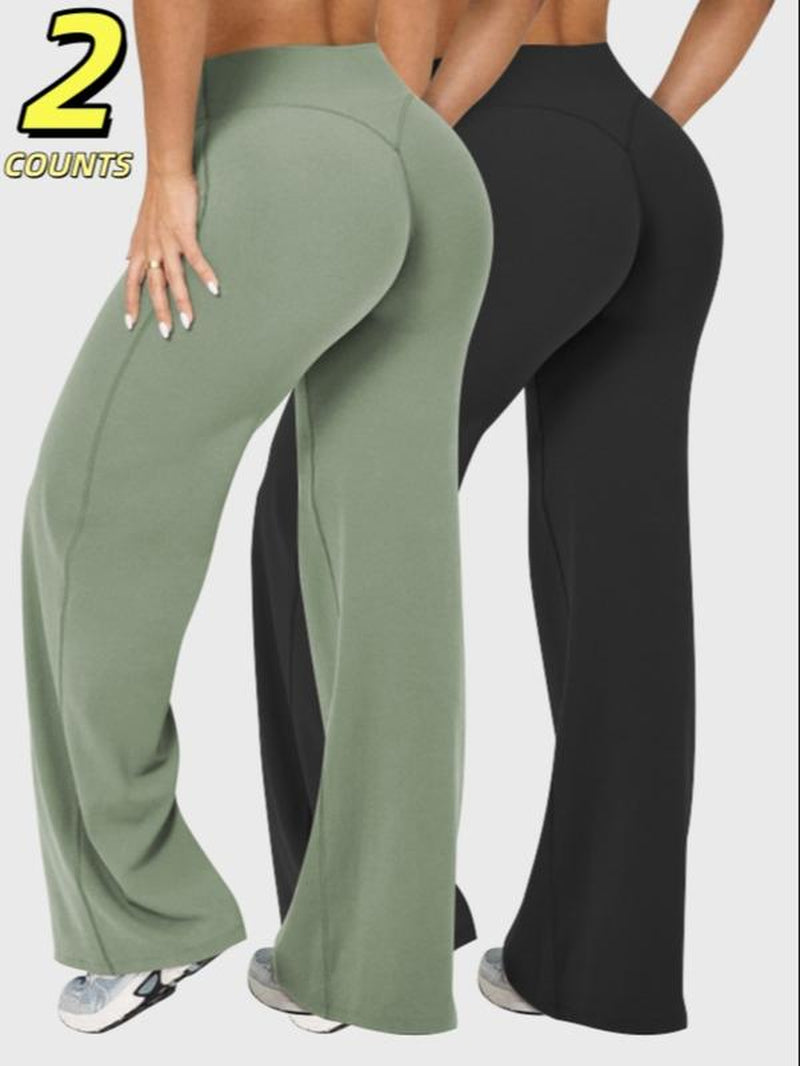 Women'S Solid Color Sporty Yoga Pants, Casual Fitted Bottoms, Comfortable Flare Leggings, Bell Bottom Leggings, Elastic Waist, All Seasons Wear