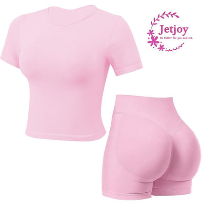 Jetjoy Seamless 2 Piece Impact Workout Sets for Women, Short Sleeve T Shirt Tank Top + Workout Impact Shorts Butt Lifting Gym Seamless Booty Biker Shorts, Going Out Gym Sets