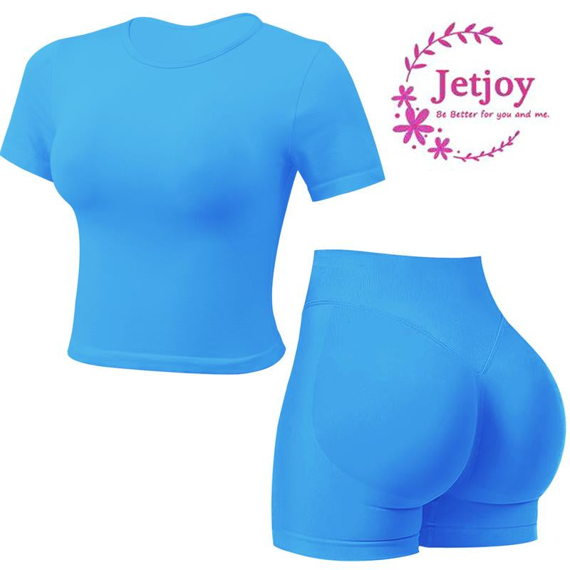Jetjoy Seamless 2 Piece Impact Workout Sets for Women, Short Sleeve T Shirt Tank Top + Workout Impact Shorts Butt Lifting Gym Seamless Booty Biker Shorts, Going Out Gym Sets