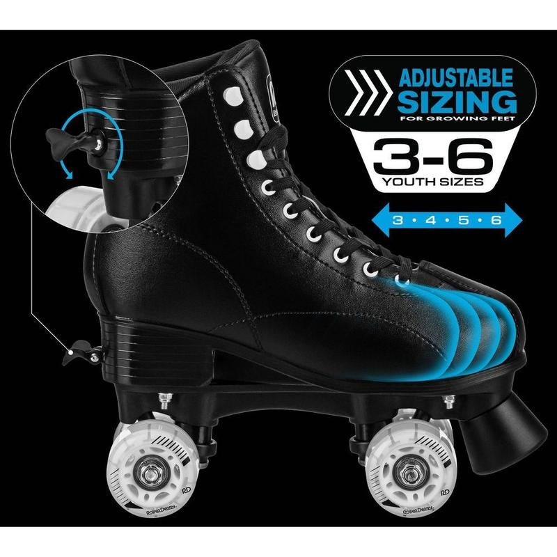 Youth Adjustable Roller Skates - Black 3-6 Skating Shoes Rollerblades