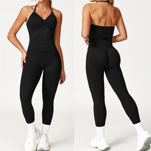 Jetjoy 2 Pieces Workout Sets for Women, Seamless Workout Sets for Women 2 Piece Halter Neck Sport Bra Hidden Scrunch Leggings Yoga Exercise Outfits Gym Clothes