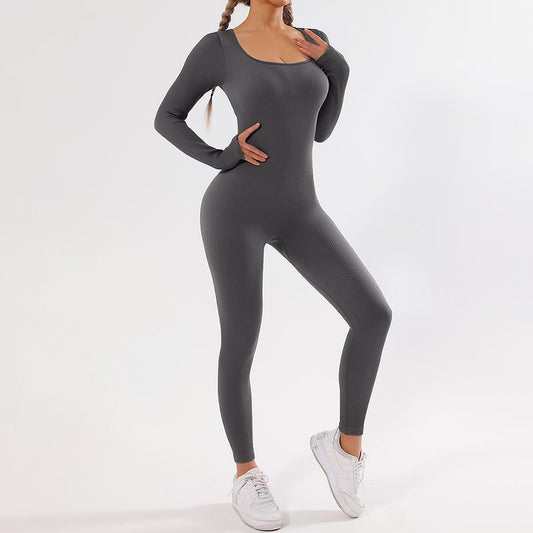 Katchme Workout Solid Color U Neck Seamless Long Sleeve Yoga Jumpsuit, Jumpsuit for Daily Outdoor Wear, Plain Thumb Holes Sportswear