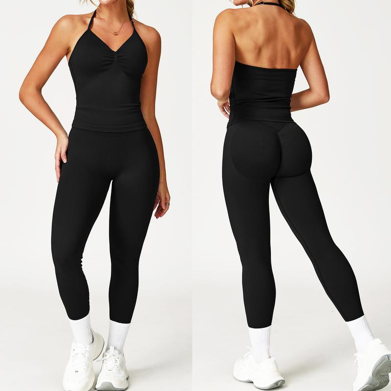 Jetjoy 2 Pieces Workout Sets for Women, Seamless Workout Sets for Women 2 Piece Halter Neck Sport Bra Hidden Scrunch Leggings Yoga Exercise Outfits Gym Clothes
