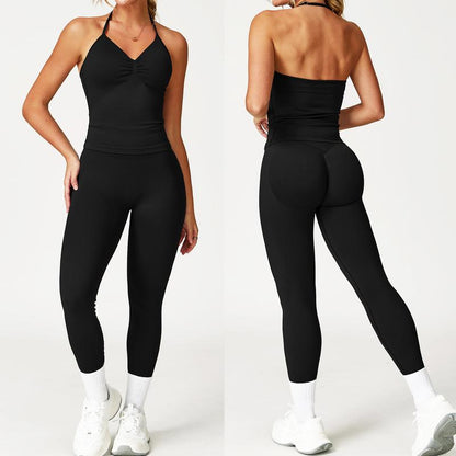 Jetjoy 2 Pieces Workout Sets for Women, Seamless Workout Sets for Women 2 Piece Halter Neck Sport Bra Hidden Scrunch Leggings Yoga Exercise Outfits Gym Clothes