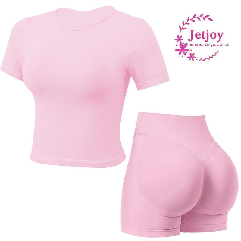 Jetjoy Seamless 2 Piece Impact Workout Sets for Women, Short Sleeve T Shirt Tank Top + Workout Impact Shorts Butt Lifting Gym Seamless Booty Biker Shorts, Going Out Gym Sets