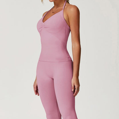 Jetjoy 2 Pieces Workout Sets for Women, Seamless Workout Sets for Women 2 Piece Halter Neck Sport Bra Hidden Scrunch Leggings Yoga Exercise Outfits Gym Clothes