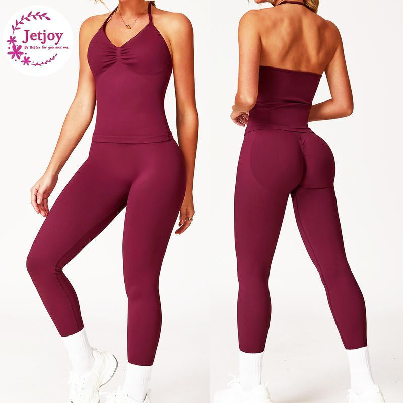 Jetjoy 2 Pieces Workout Sets for Women, Seamless Workout Sets for Women 2 Piece Halter Neck Sport Bra Hidden Scrunch Leggings Yoga Exercise Outfits Gym Clothes