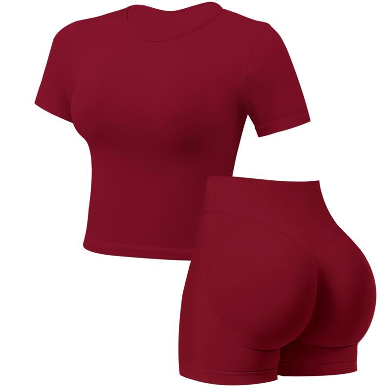 Jetjoy Seamless 2 Piece Impact Workout Sets for Women, Short Sleeve T Shirt Tank Top + Workout Impact Shorts Butt Lifting Gym Seamless Booty Biker Shorts, Going Out Gym Sets