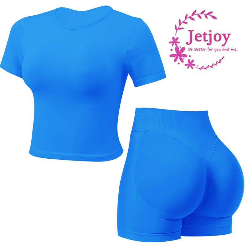 Jetjoy Seamless 2 Piece Impact Workout Sets for Women, Short Sleeve T Shirt Tank Top + Workout Impact Shorts Butt Lifting Gym Seamless Booty Biker Shorts, Going Out Gym Sets