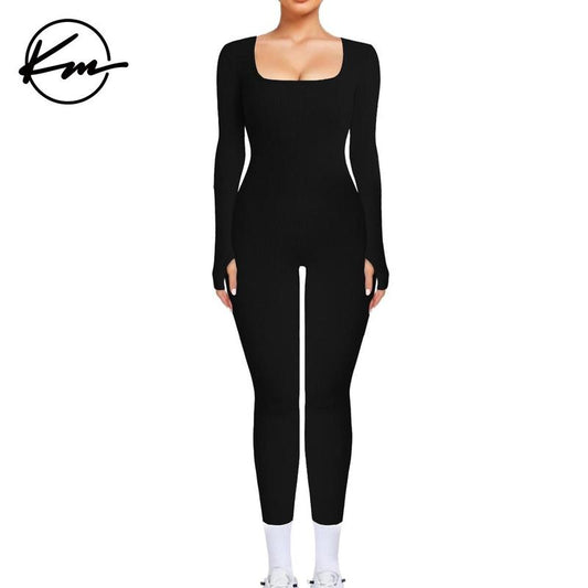 Katchme Workout Solid Color U Neck Seamless Long Sleeve Yoga Jumpsuit, Jumpsuit for Daily Outdoor Wear, Plain Thumb Holes Sportswear