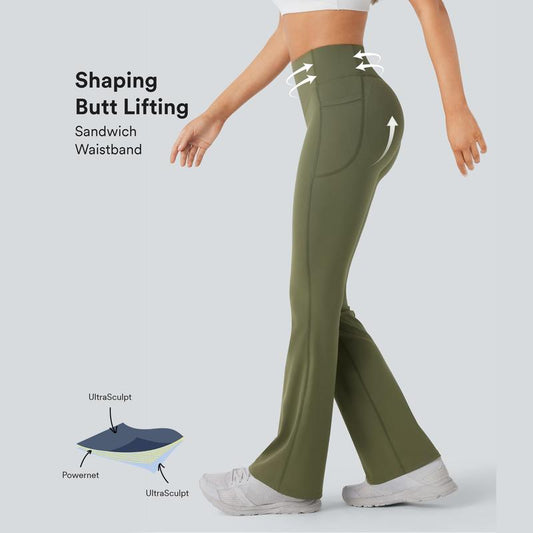 Halara Ultrasculpt Socinched High Waisted Scrunch Butt Lifting Tummy Control Pocket Shaping Yoga Bootcut Leggings