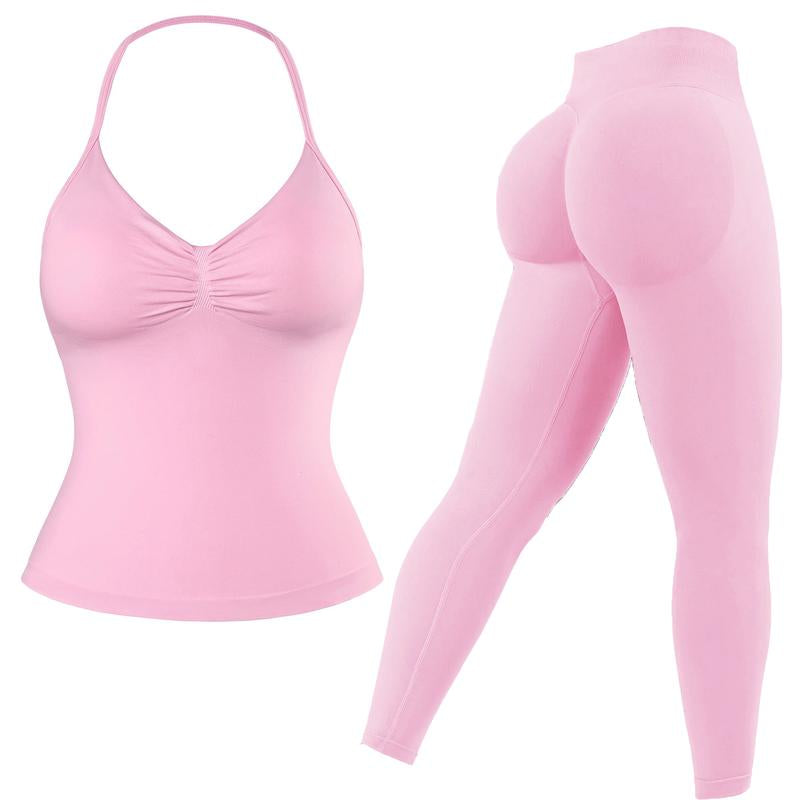 Jetjoy 2 Pieces Workout Sets for Women, Seamless Workout Sets for Women 2 Piece Halter Neck Sport Bra Hidden Scrunch Leggings Yoga Exercise Outfits Gym Clothes