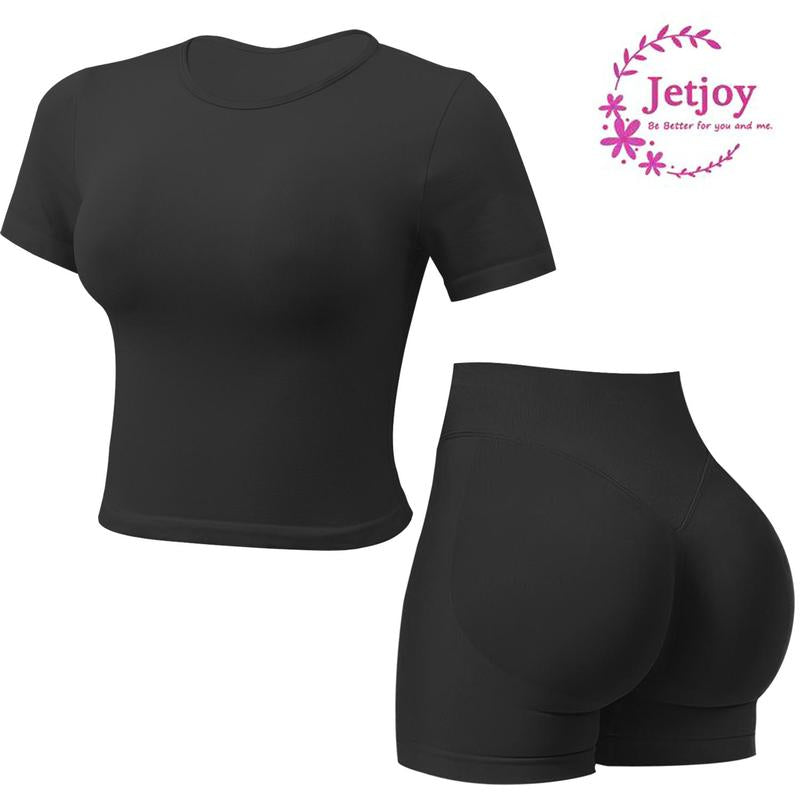 Jetjoy Seamless 2 Piece Impact Workout Sets for Women, Short Sleeve T Shirt Tank Top + Workout Impact Shorts Butt Lifting Gym Seamless Booty Biker Shorts, Going Out Gym Sets