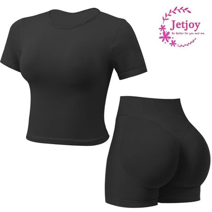 Jetjoy Seamless 2 Piece Impact Workout Sets for Women, Short Sleeve T Shirt Tank Top + Workout Impact Shorts Butt Lifting Gym Seamless Booty Biker Shorts, Going Out Gym Sets