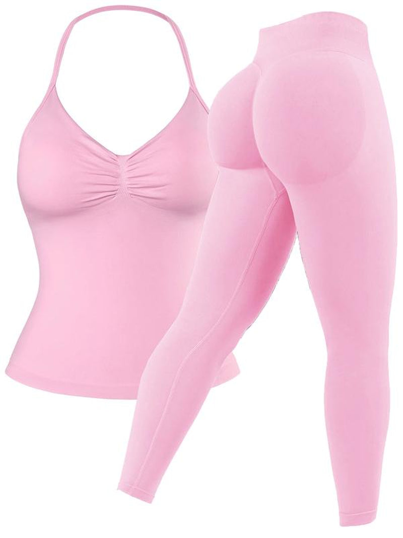 Jetjoy 2 Pieces Workout Sets for Women, Seamless Workout Sets for Women 2 Piece Halter Neck Sport Bra Hidden Scrunch Leggings Yoga Exercise Outfits Gym Clothes