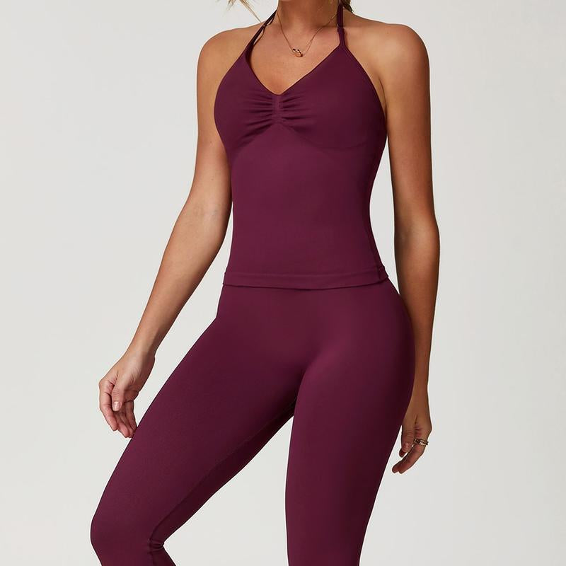 Jetjoy 2 Pieces Workout Sets for Women, Seamless Workout Sets for Women 2 Piece Halter Neck Sport Bra Hidden Scrunch Leggings Yoga Exercise Outfits Gym Clothes