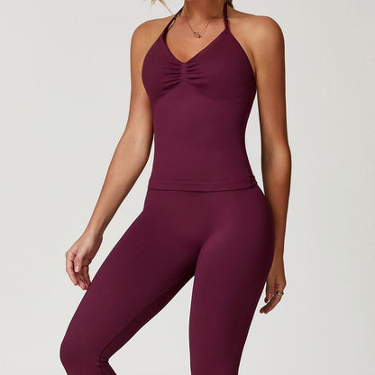 Jetjoy 2 Pieces Workout Sets for Women, Seamless Workout Sets for Women 2 Piece Halter Neck Sport Bra Hidden Scrunch Leggings Yoga Exercise Outfits Gym Clothes